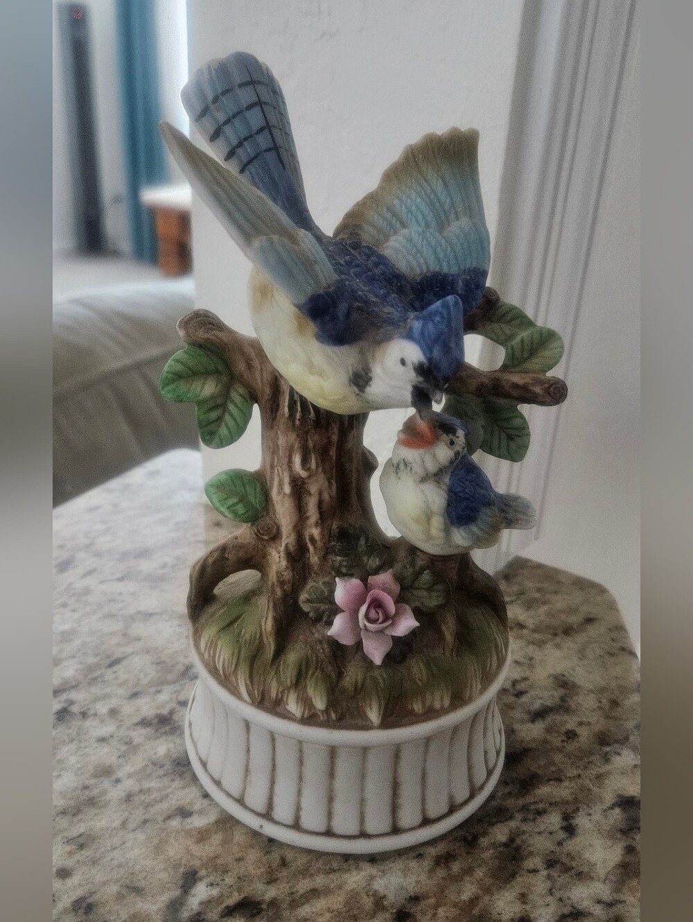 Blue & Cream Porcelain Bird Figurine Decorative Music Box